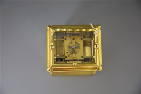 A mid 19th century French lacquered brass hour repeating carriage clock, width 3.5in. depth 3in. height 5.25in